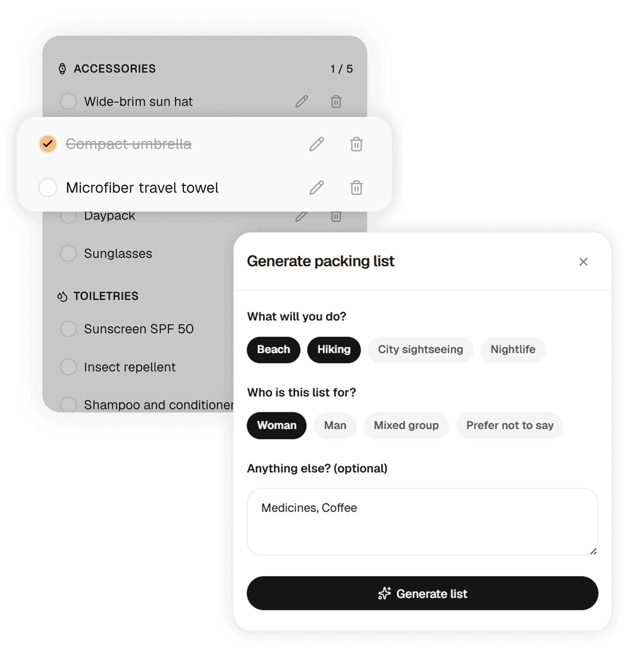 Packing list with generate list modal for beach and hiking activities