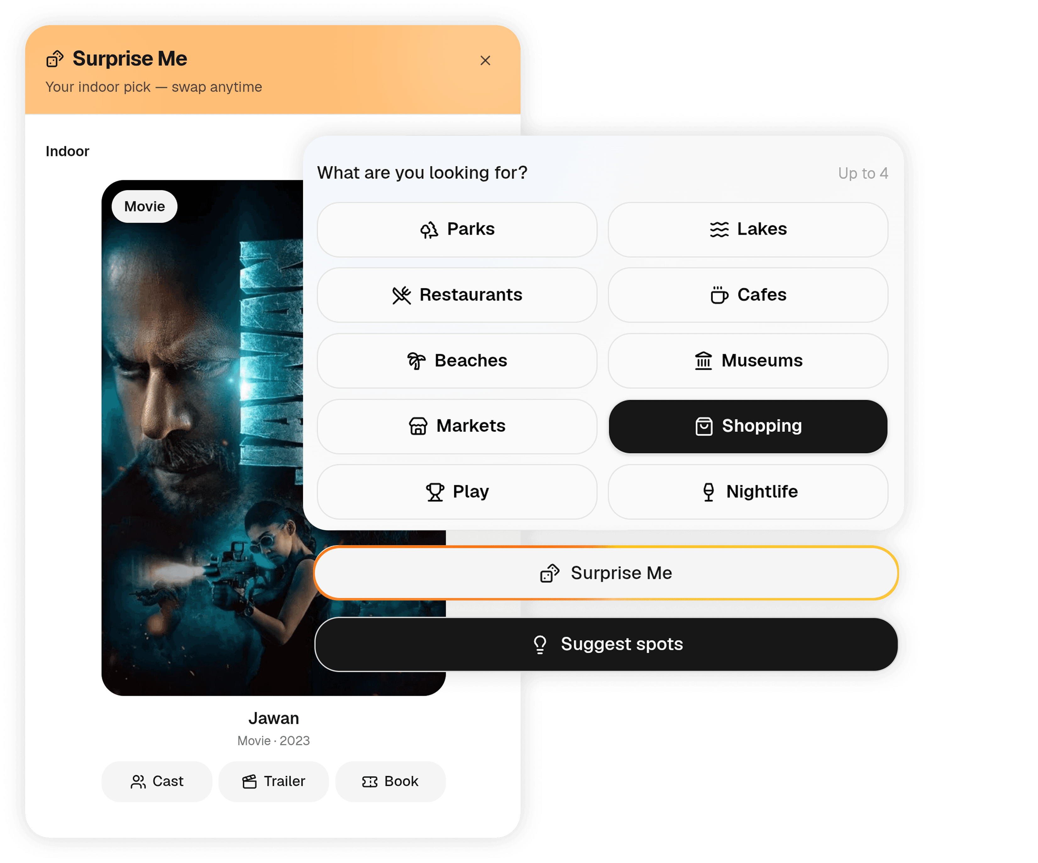 Scenic trip cards with share and copy link actions